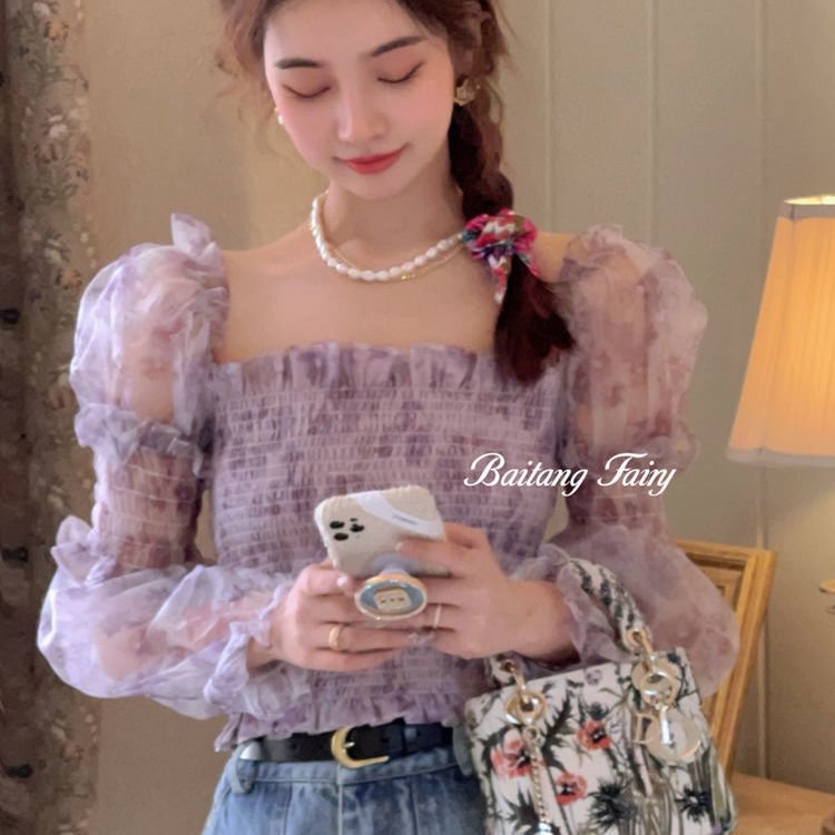 Dresses Women Mesh French New Summer Sweet Leisure Mid-calf Cozy Design Cute Lovely Print Student Long Sleeve Fashionable Purple
