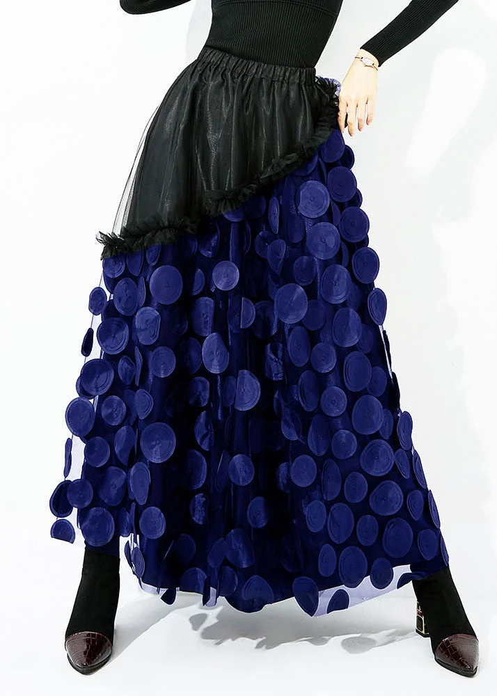 Original Design Black-Purple Dot Elastic Waist Patchwork Wrinkled Tulle Skirt Summer