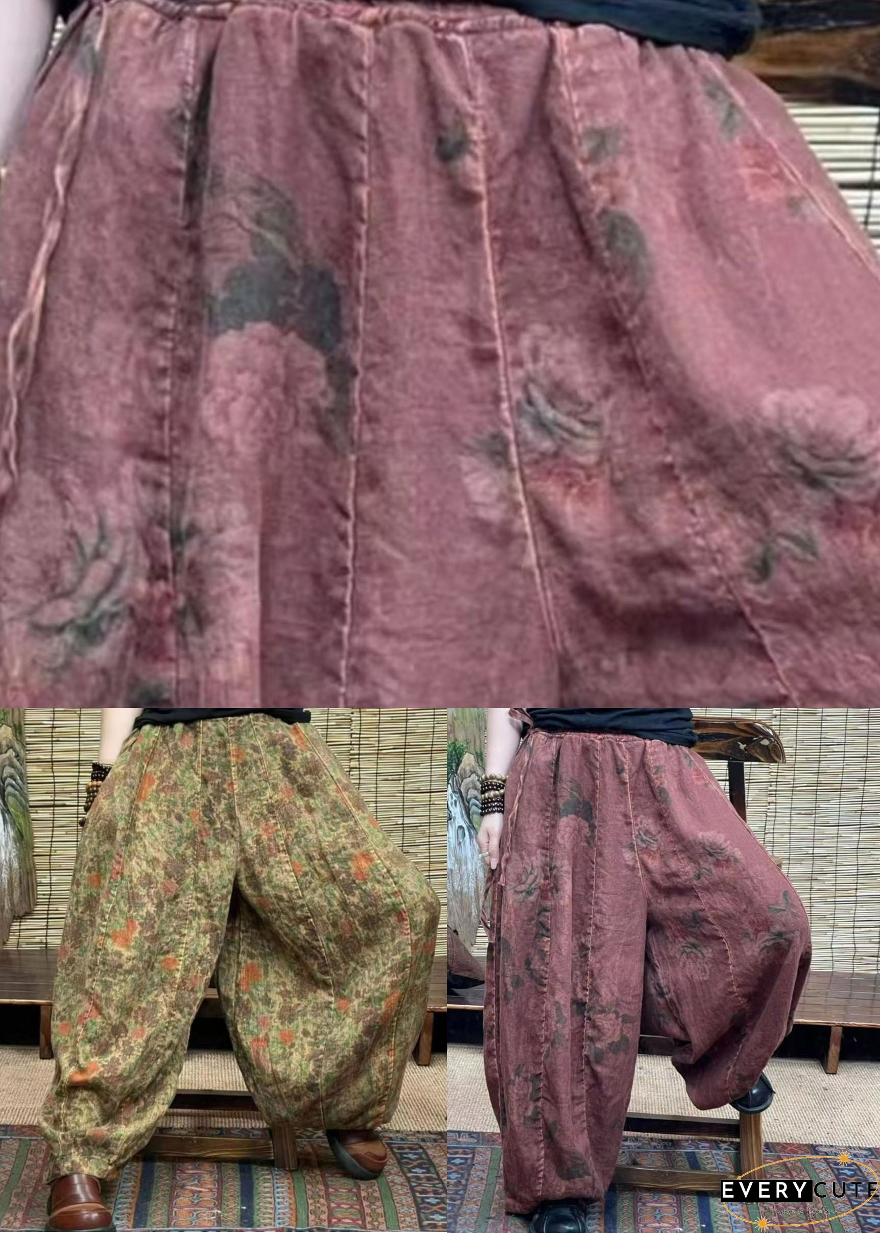 Diy Brick Red Pockets Print Patchwork Linen Lantern Pants Summer