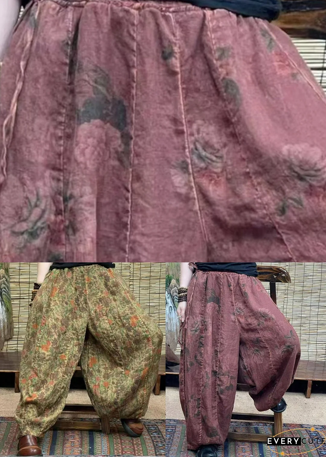 Diy Brick Red Pockets Print Patchwork Linen Lantern Pants Summer