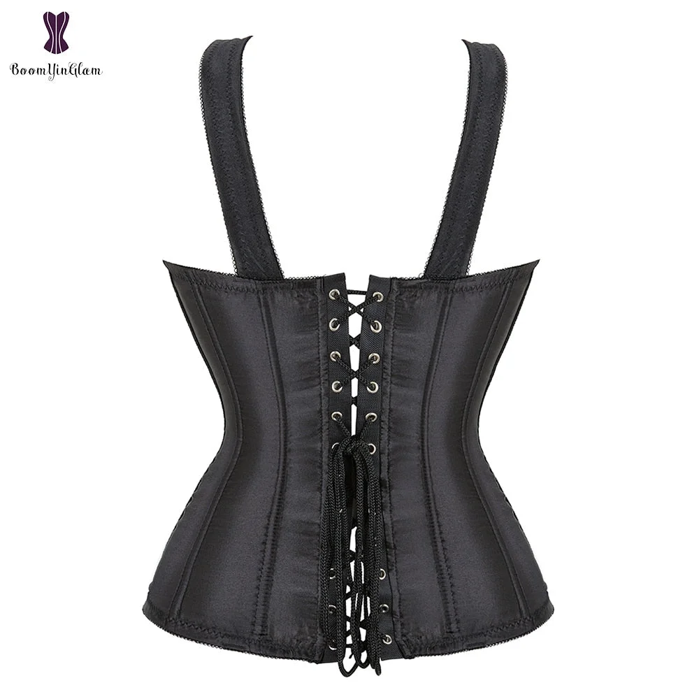 Zip Up Black Women's Satin Material Shining Body Shapwear Punk Style Gothic Overbust Corset Bustier With Straps Size S-2XL 936#