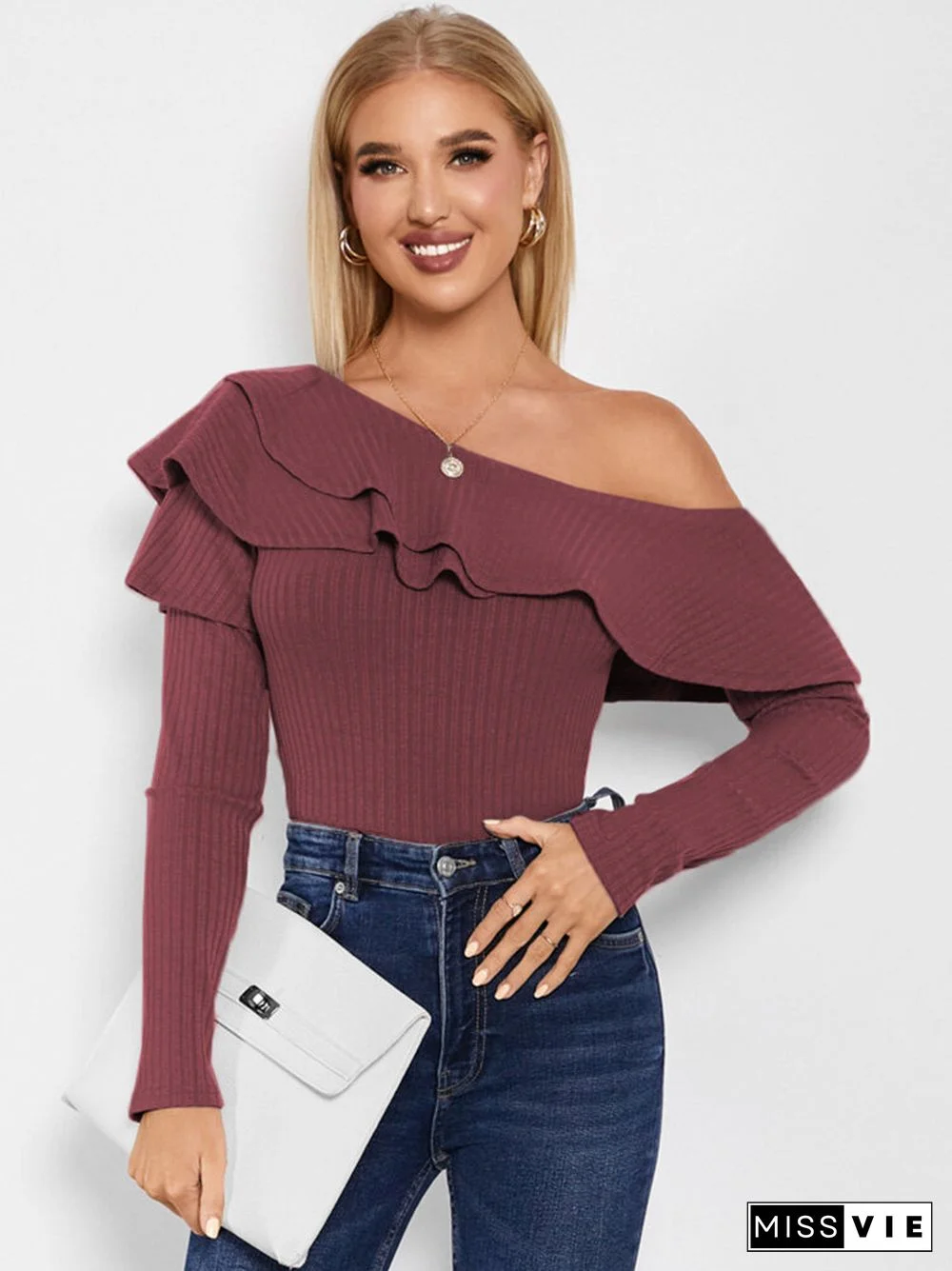 Solid Long Sleeve Off Shoulder Ruffle Knit T-shirt For Women