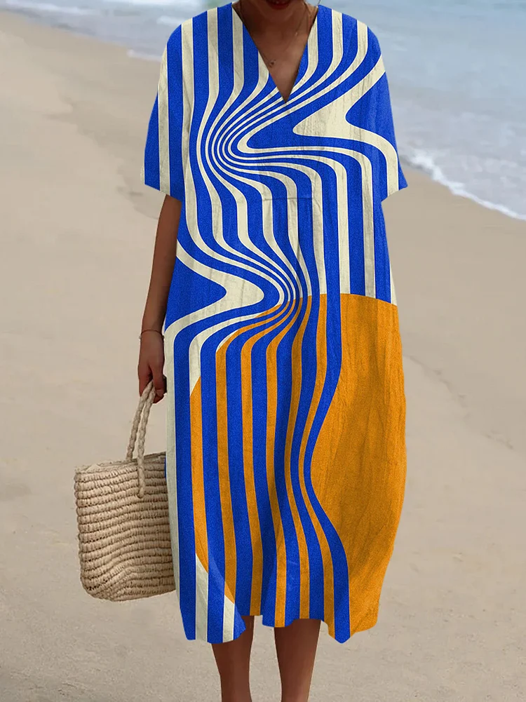 Vintage Abstract Art Print Simple Midi Dress