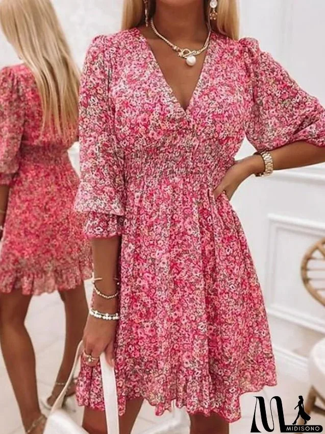 Women's Dress - Casual Dress Floral Dress Mini Dress Pink Blue Green Half Sleeve Floral Ruched Summer Spring V Neck Stylish S M L XL XXL