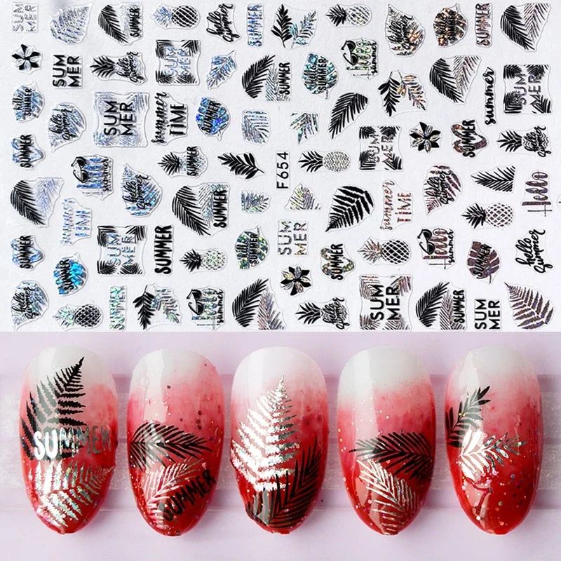 1pcs Black Gold Sping Leaves 3D Nail Sticker Coconut Tree Leaf Pattern Adhesive Transfer Decals Shiny DIY Nail Decoration