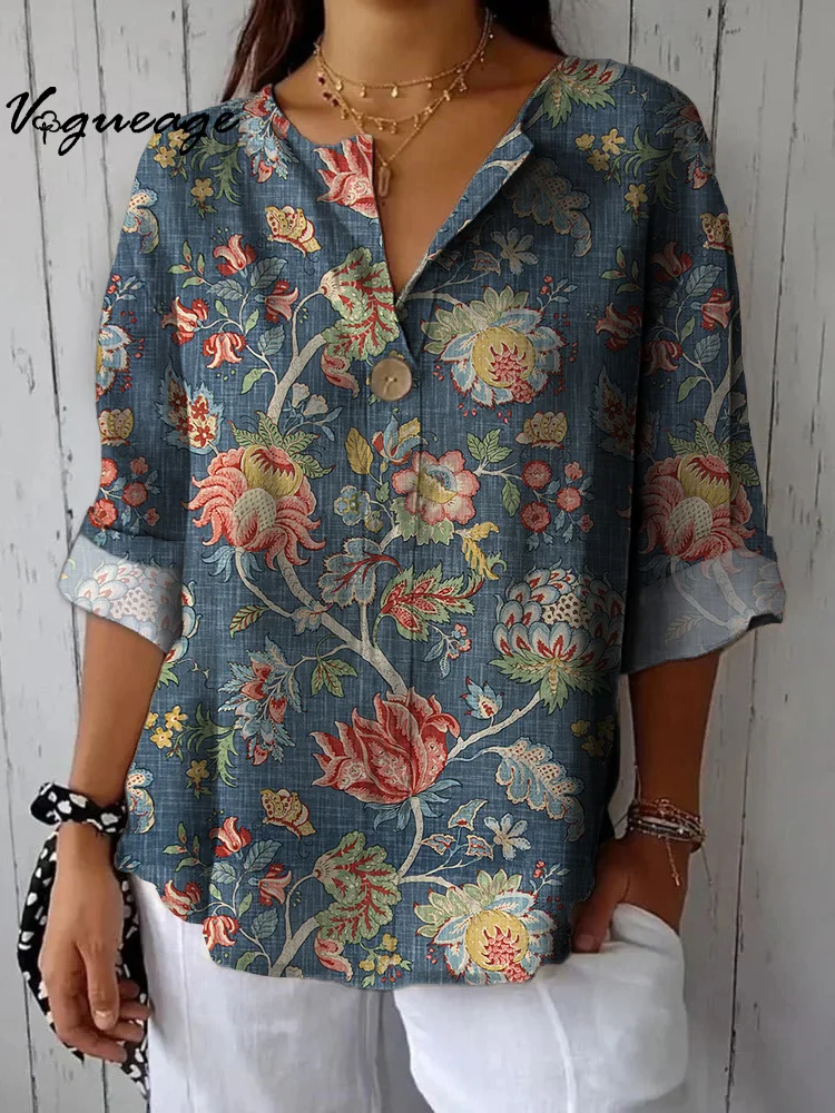 Fashion Elegance And Intellectuality Flowers Printed Cotton And Linen Shirt