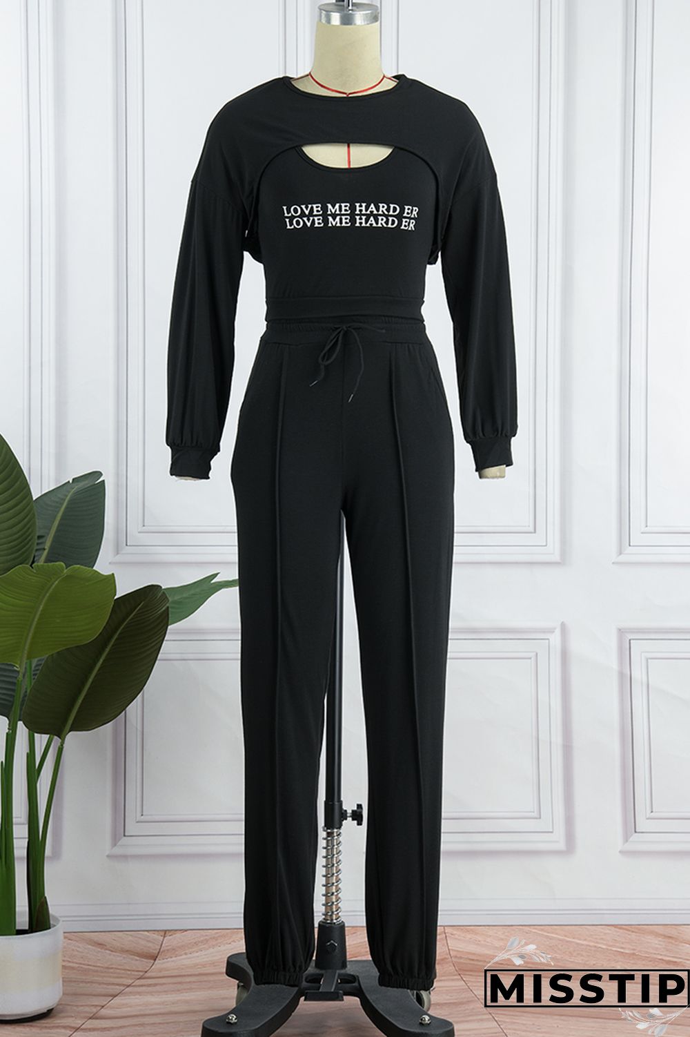 Army Green Casual Letter Print Hollowed Out Patchwork O Neck Long Sleeve Two Pieces