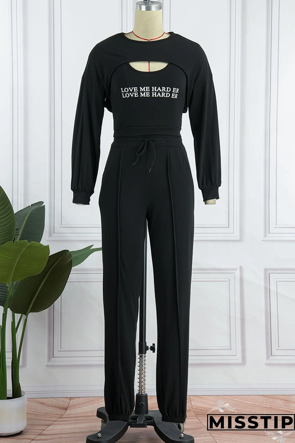 Army Green Casual Letter Print Hollowed Out Patchwork O Neck Long Sleeve Two Pieces