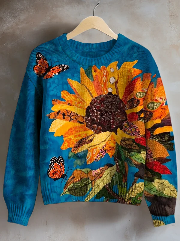 Women's Sunflower Collage Art Print Knit Sweatshirt