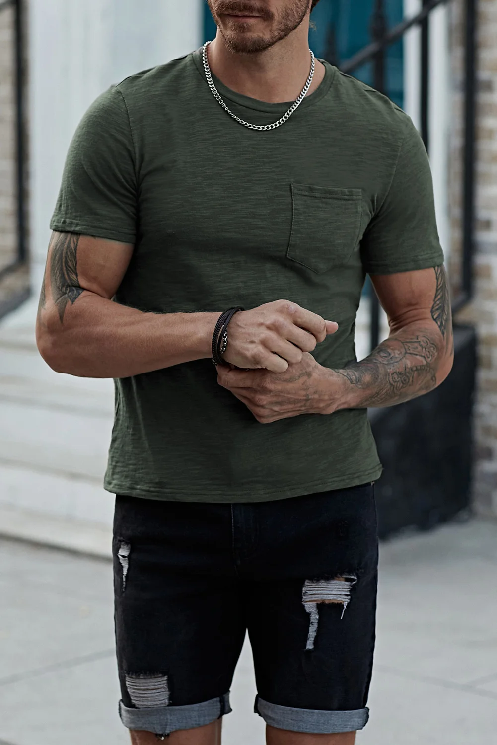 Green Solid Color Short Sleeve Men's T-shirt | IFYHOME