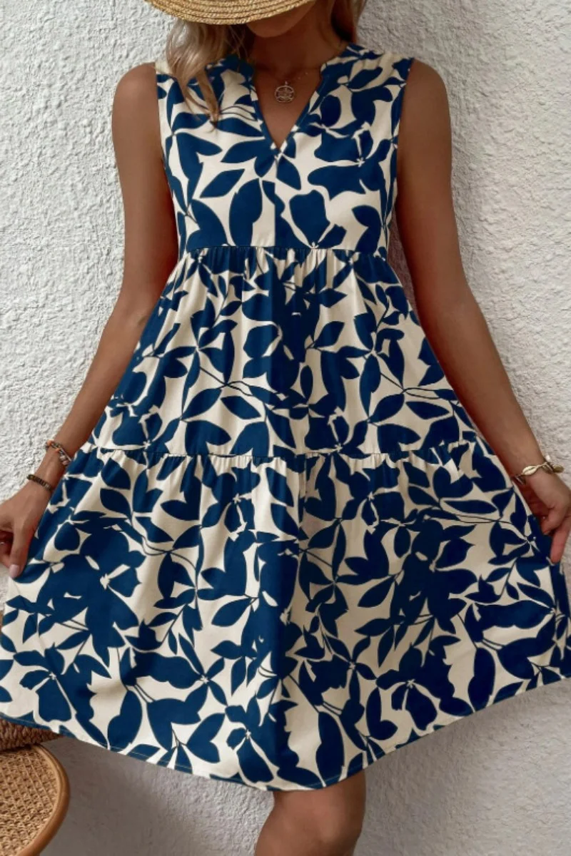 Navy Blue Casual Print Patchwork V Neck Sleeveless Dress Dresses