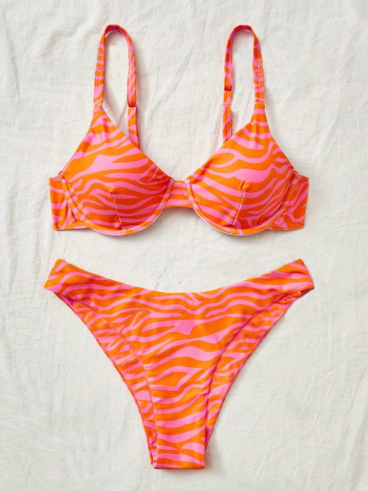 Ballifyex Sexy Fashion Striped Bikinis 2 Piece Set Women Split Swimsuit High Waist Beach Bikinis 2025 New Summer Swimwear Bikinis Set