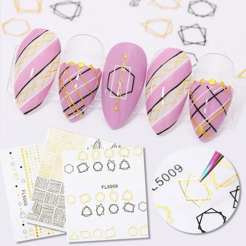 1 Sheet 5D Gold Black Sliver Geometric Linear Sticker Decals Nail Art Designs Adhesive Transfer Sliders Manicures Decoration