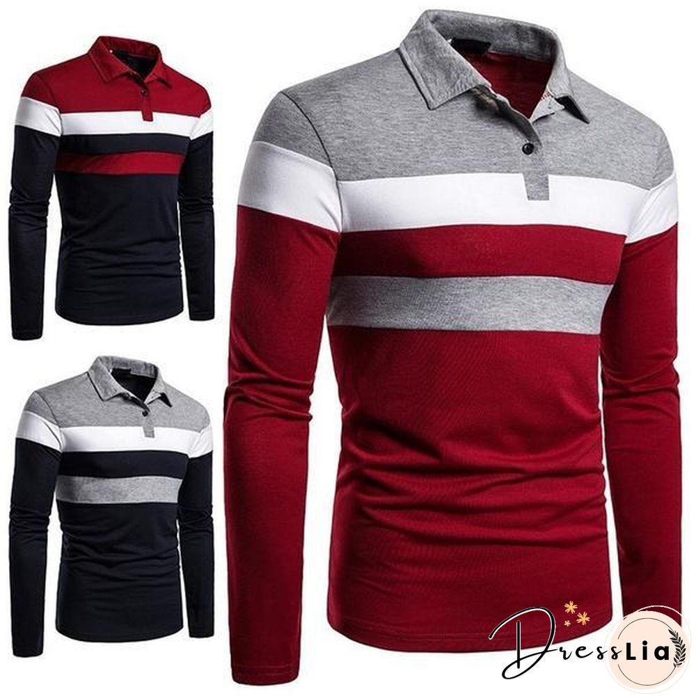 Fashion Men Lapel Long Sleeve Tri-color Striped Stitching Shirts