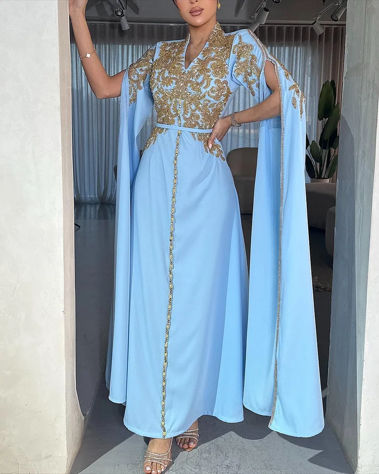 Women's V Neck Long Sleeve Embroidered Dress