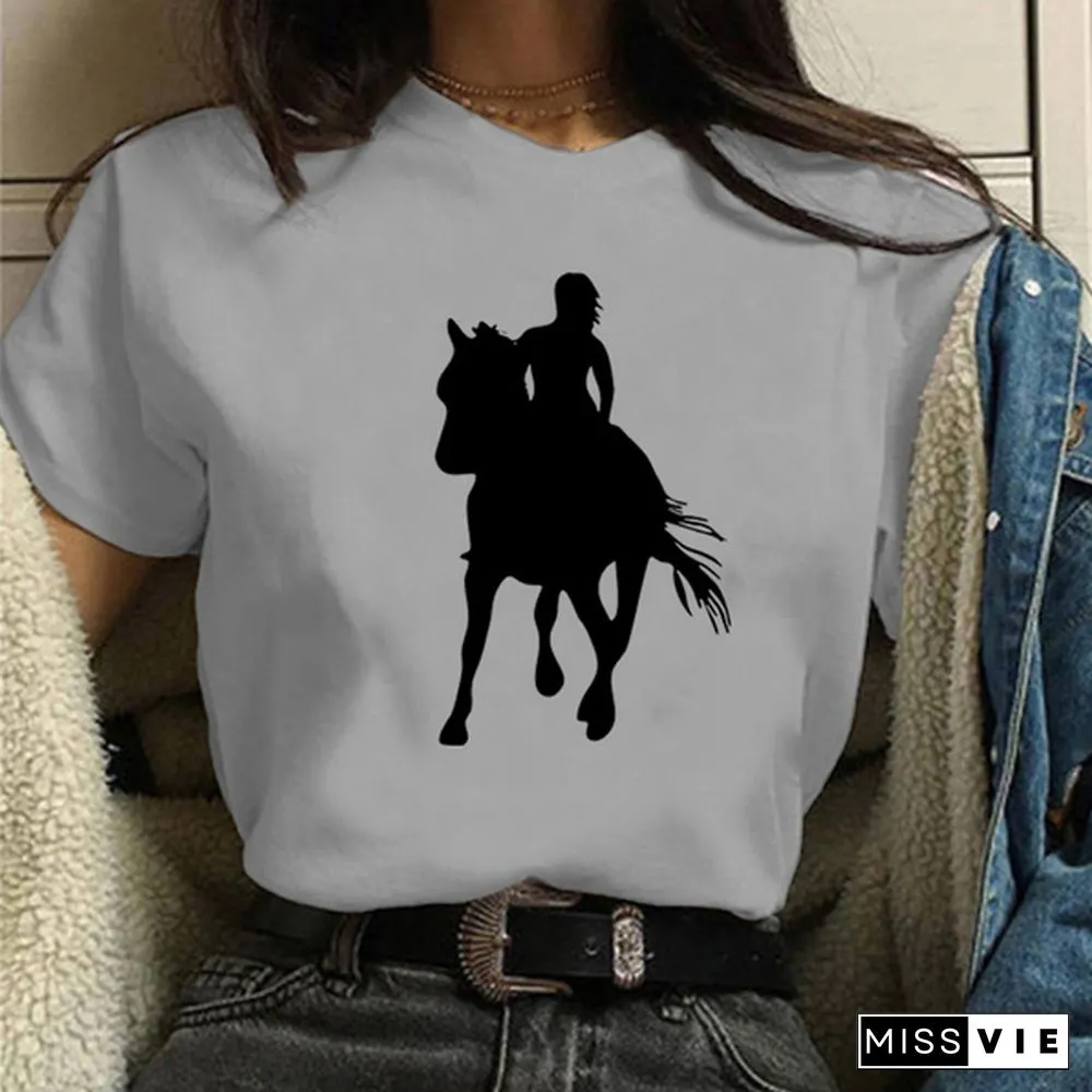 Womens Horse Print Knight Shirts Womens Tops Casual Tees Women Blouse Graphic T-Shirt
