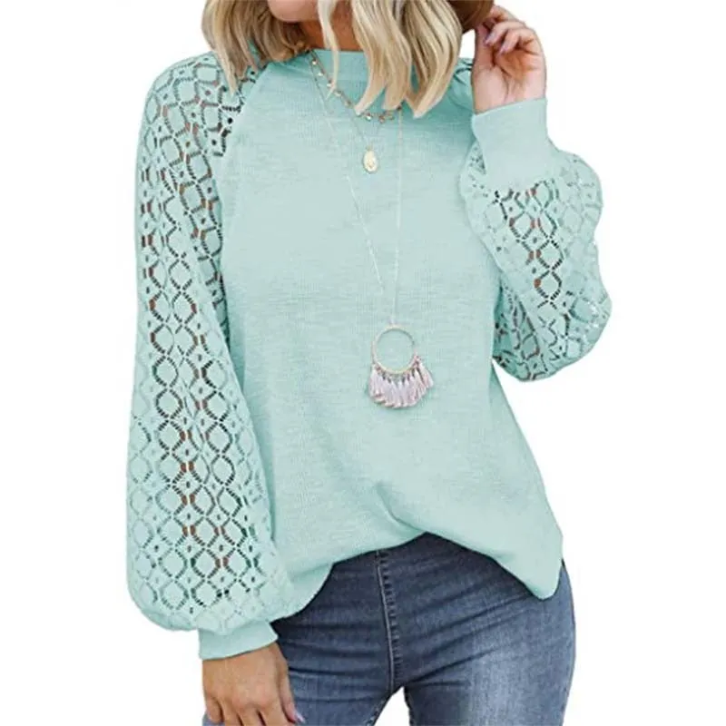 2022 New Solid T Shirt Women Fashion Lace Patchwork O Neck Long Sleeve Streetwear Loose Tops Female Casual Oversized Tee Shirt