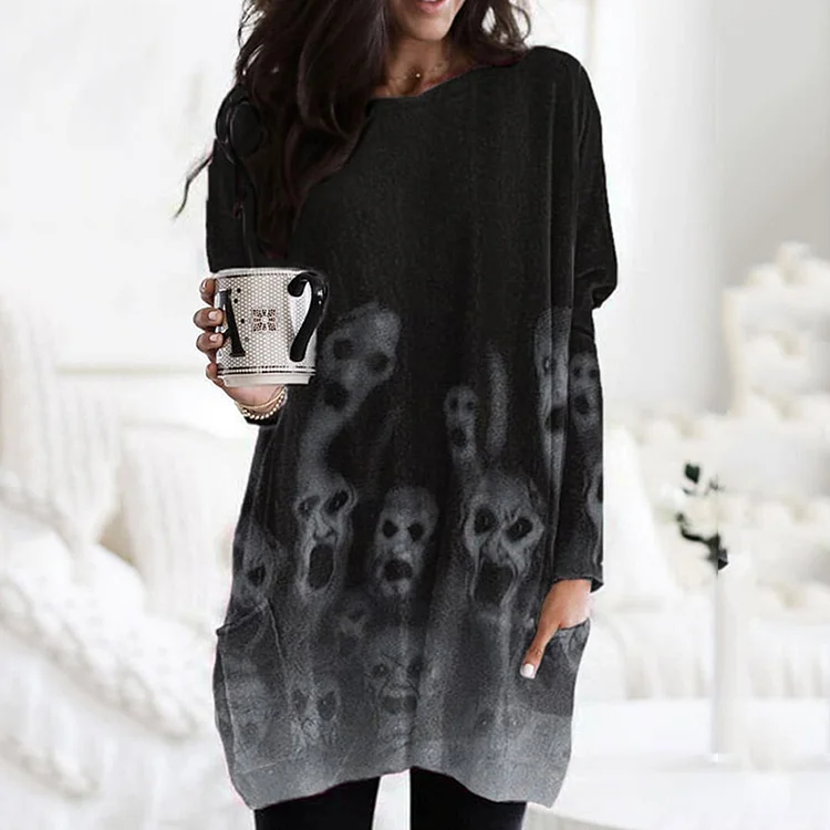 Women's Halloween Vintage Skull Print Pocket Long Sleeve Tunic