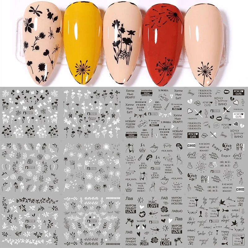 12pcs Sunflower Maple leaf Nail Stickers Sliders For Manicure Christmas Tree  Nail Art Water Decals Transfer Foil Autumn Tips-Nail Inspo