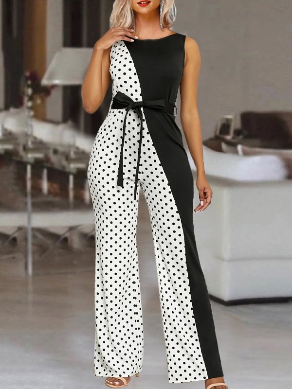 Fashion Dots Print Crew Neck Jumpsuit Women