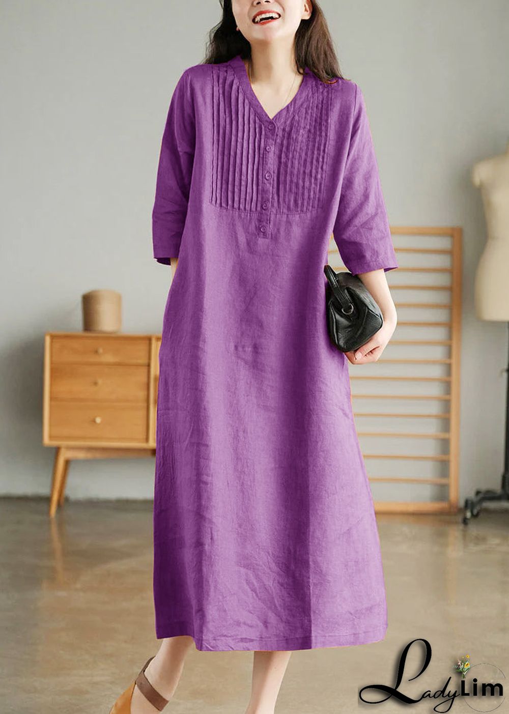 Grey Print6 Loose Linen Long Dresses Button Solid Half Sleeve