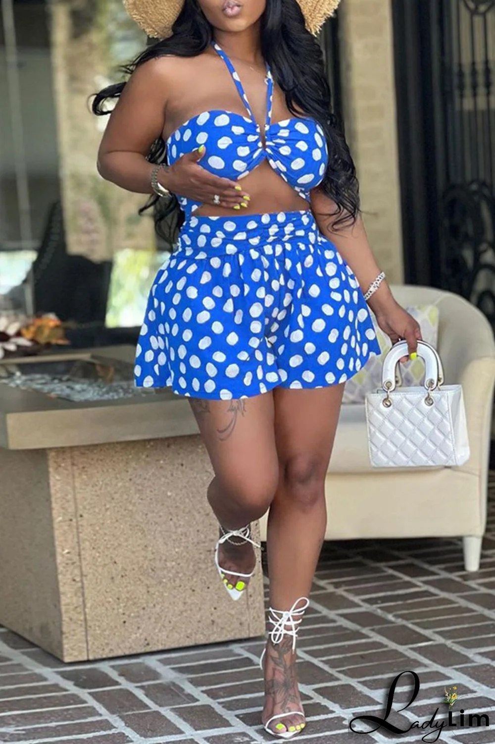 Red Sexy Print Polka Dot Split Joint Halter Sleeveless Two Pieces