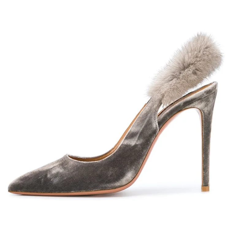 Grey Furry Stiletto Heels Slingback Pumps |FSJ Shoes