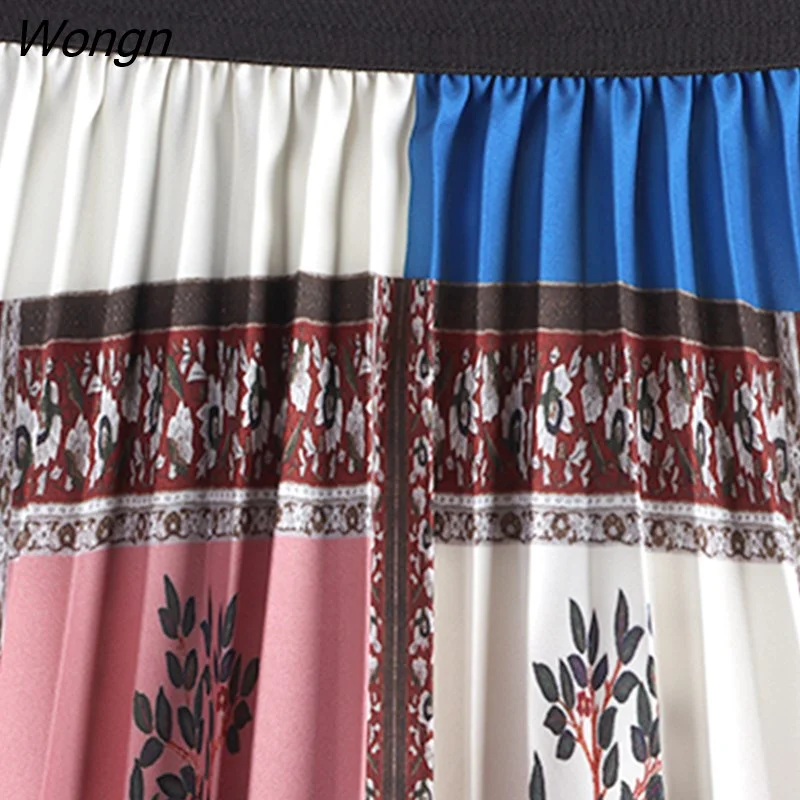 Wongn 2022 Spring Summer Fashion Colorful Dots Print Long Pleated Skirt Women Korean High Waist A Line Skirt Female