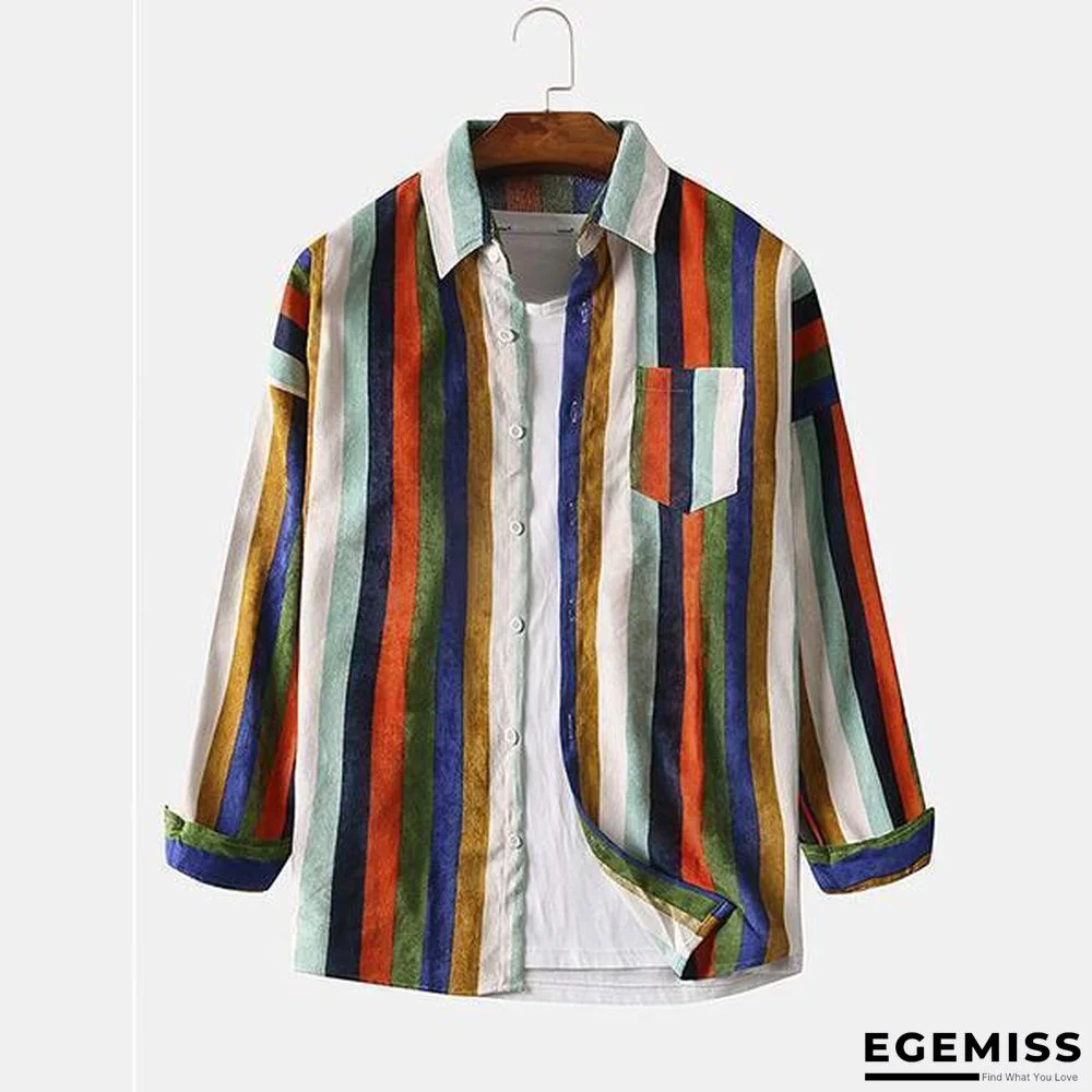 Men's Short Style Color Stripe Cord Casual Long Sleeve Shirts | EGEMISS