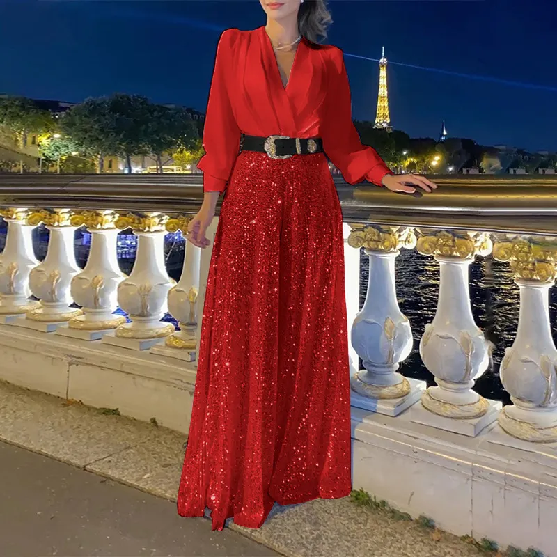 Uveng Uveng Buy Through The New Fashion V-Neck Long-Sleeved Shirt Temperament Elegant Waist Display Thin Bright Leg Pants