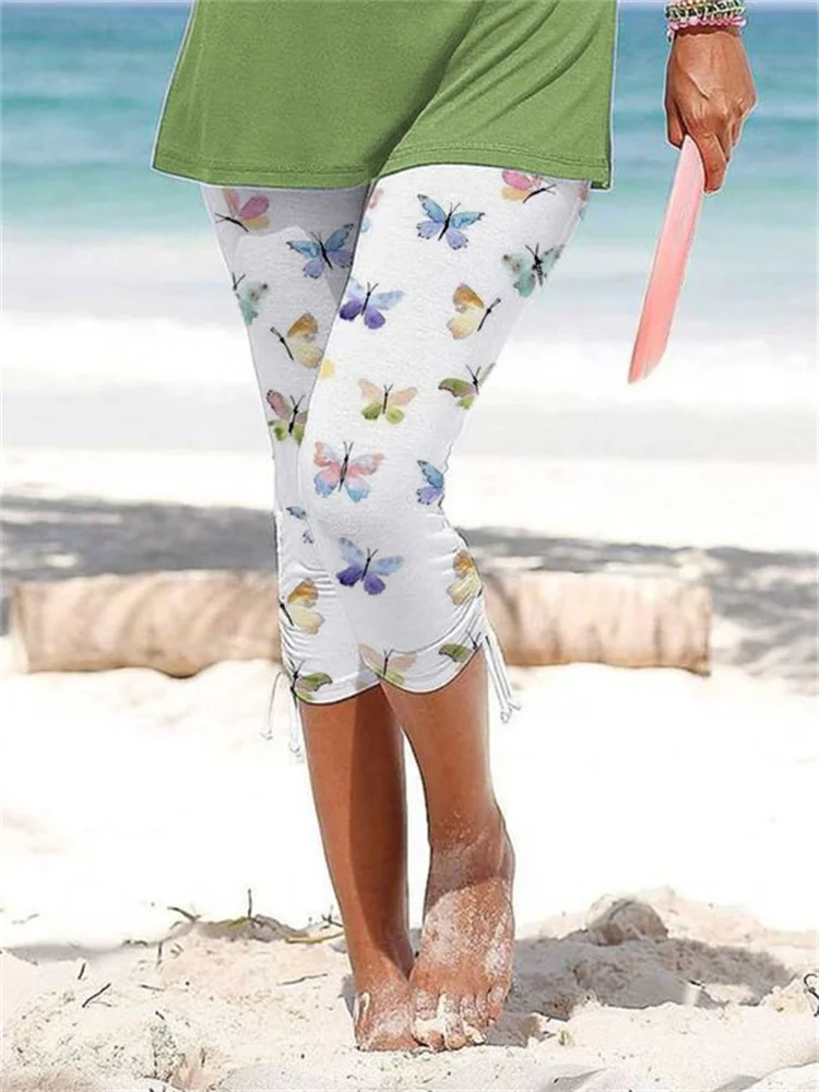 Butterfly Print Drawstring Cropped Leggings