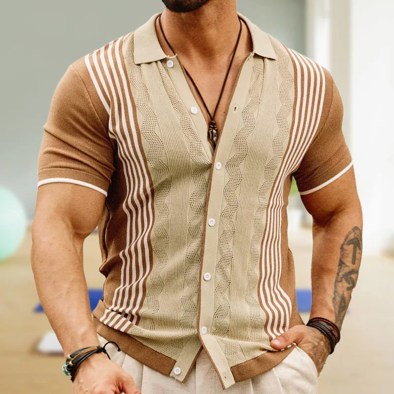 Wlntempo mens winter vest Summer Casual Slim Knitted Ice Silk Shirt Men Fashion Patchwork Striped Knit Shirts Vintage Buttoned Lapel Mens Knitting Shirts