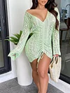 Deep V-Neck Long Sleeve Drawstring Knitting Mini Dress