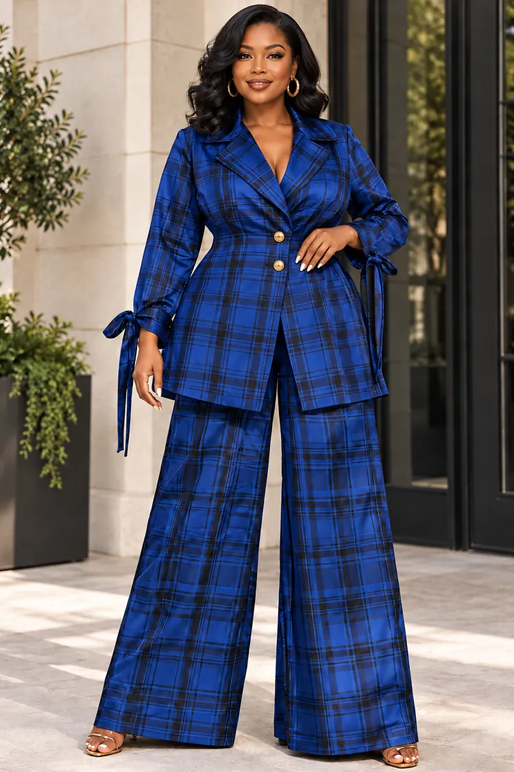 Xpluswear Design Plus Size Formal Royal Blue Lapel Collar Long Sleeve Lace Up Pocket Two Piece Pant Suits [Pre-Order] 2024 - Xpluswear