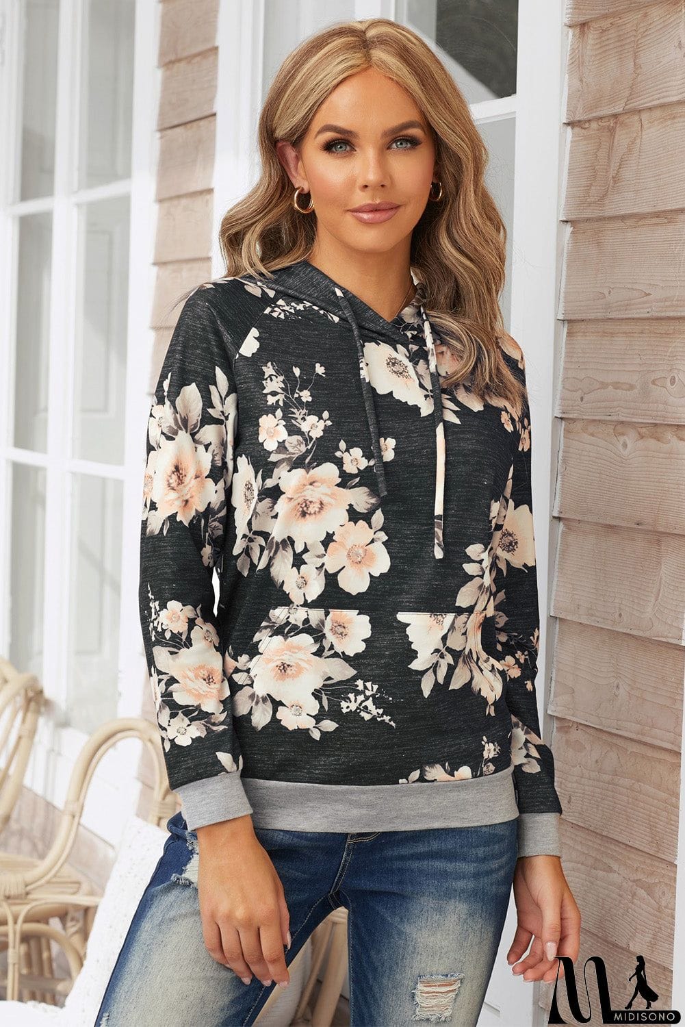 MidiSono - Floral Hoodie with Kangaroo Pocket