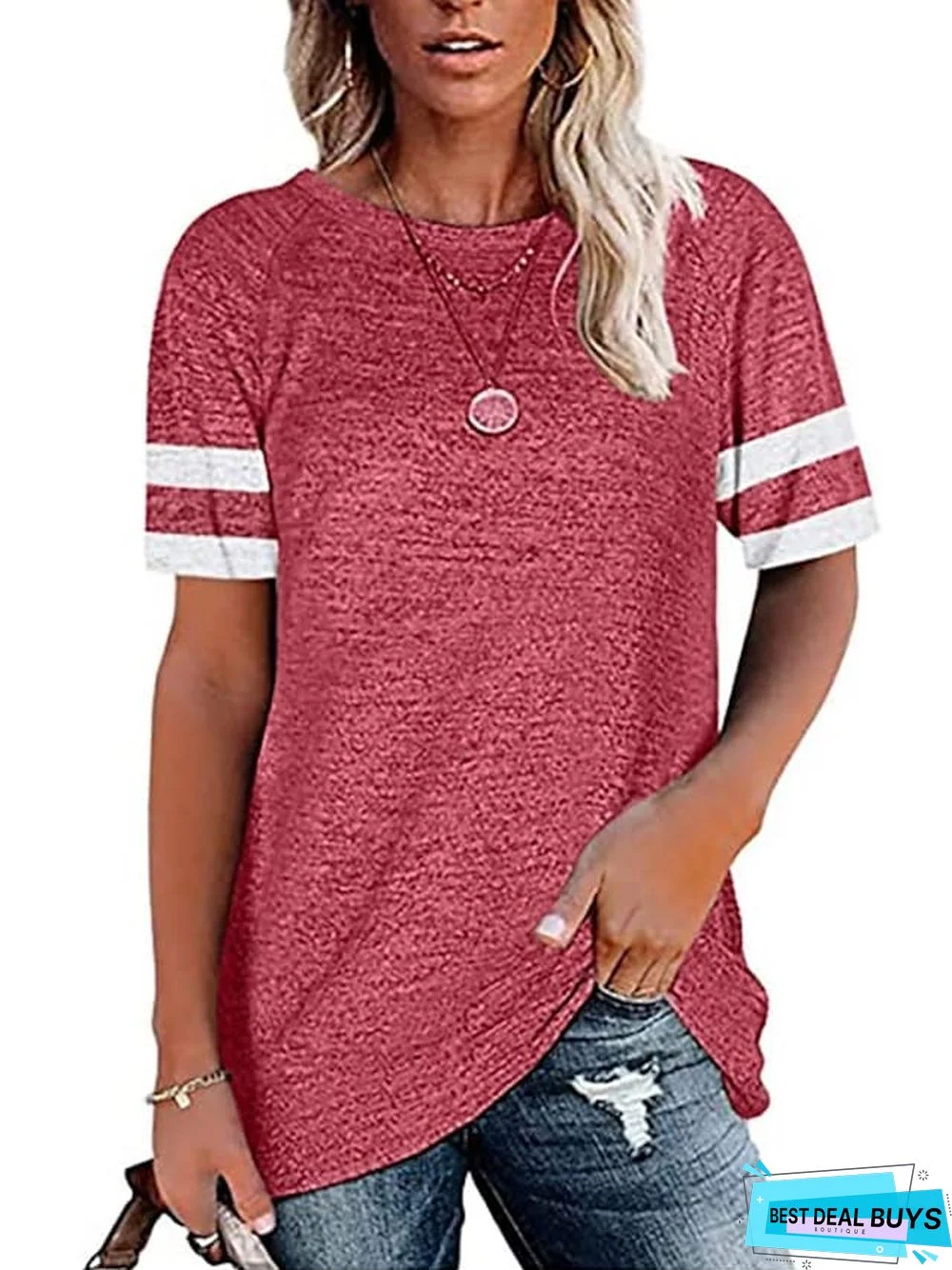 Women's T-Shirt Plain Patchwork Round Neck Tops Cotton Basic Top Black Blue Wine