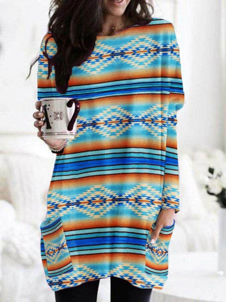 Ethnic Stripe Print Long Sleeve O neck Vintage Blouse For Women P1743810