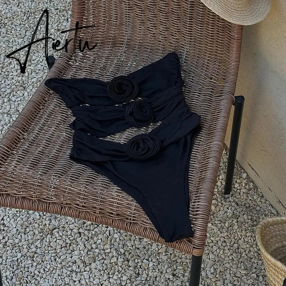 Two-Pieces Women Floral Lace Up  Push-Up Padded Bra White Swimsuit Swimwear Bathing Suit Beachwear Monokini Female Aiertu