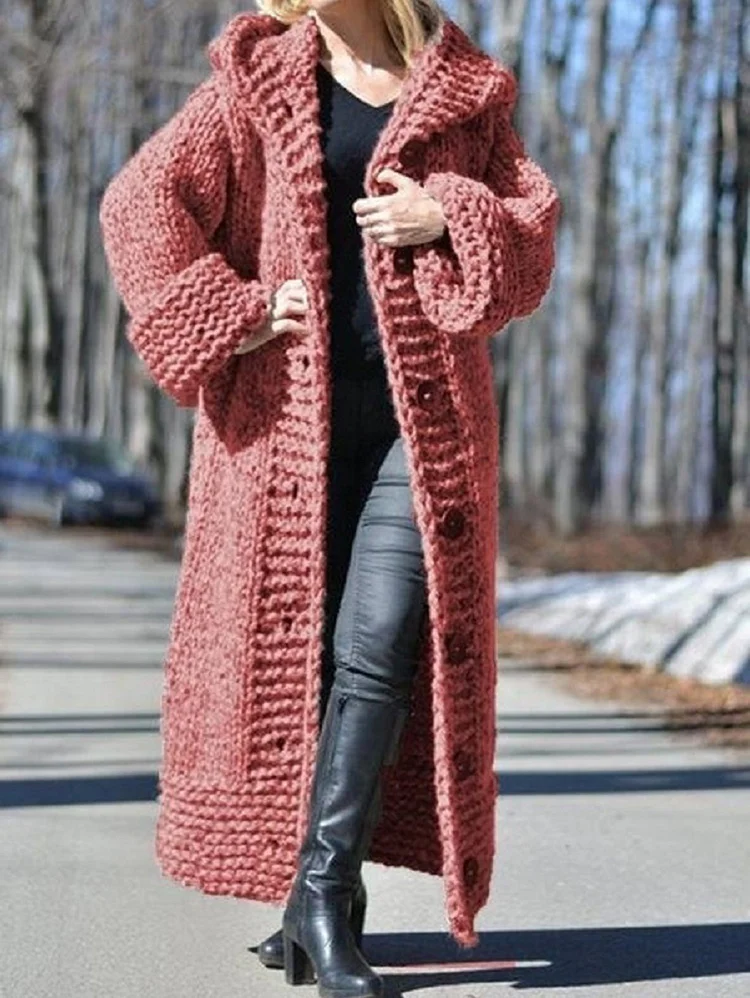 Casual Crochet Single Breasted Ankle Length Hooded Knitted Coat