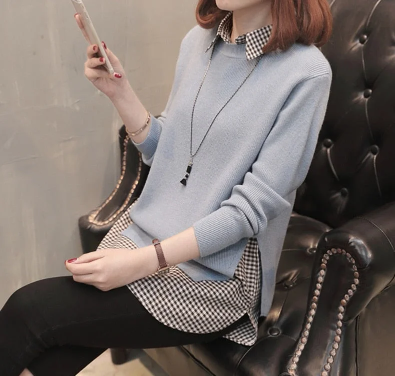 New Women Clothes Spring Autumn Shirt Knit Pullover Sweater Two-Piece Sweater Women Casual Loose Large Size Shirt Bottoming Tops