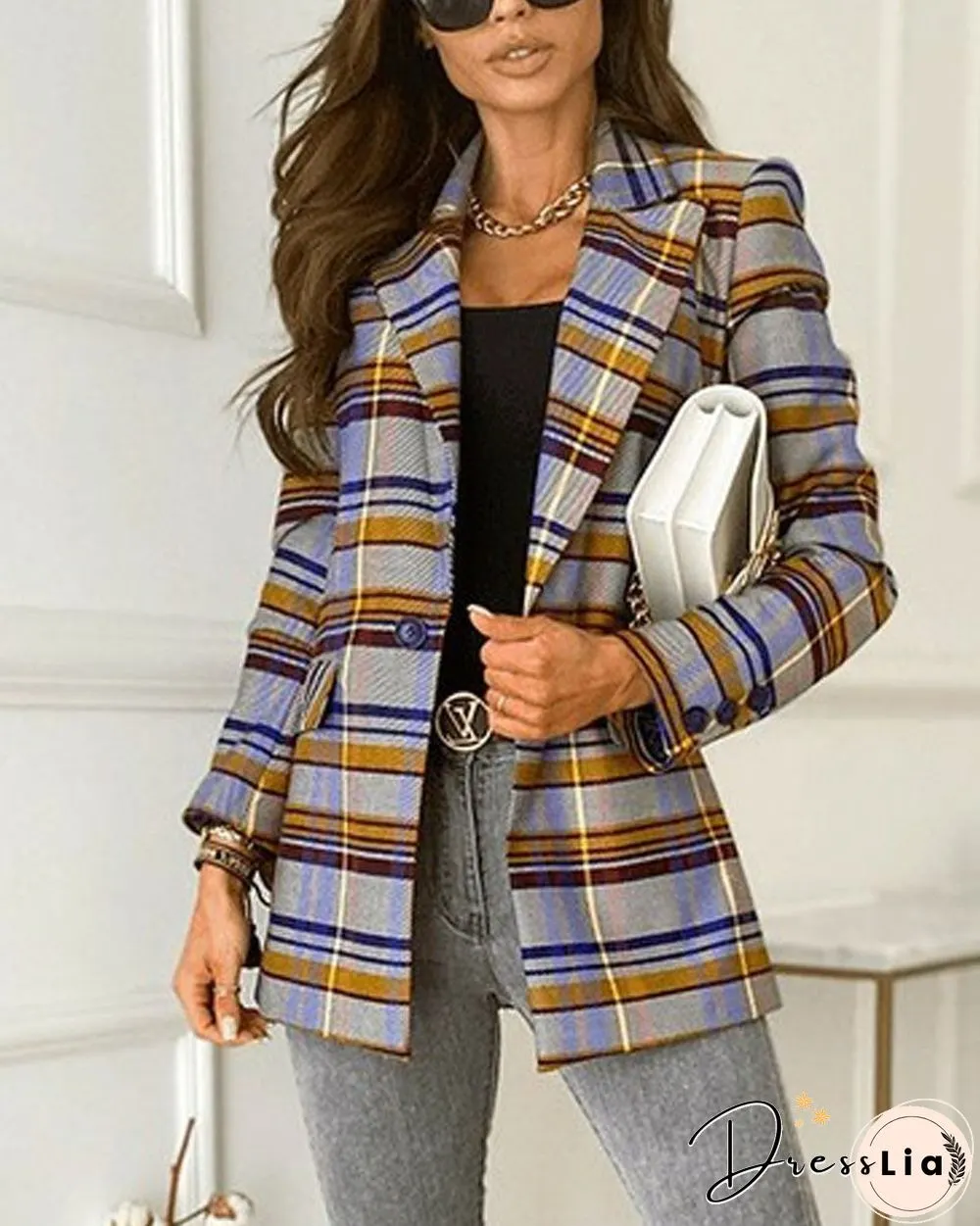 Plaid Print Lapel Collar Single Button Blazer