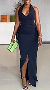 Women's V-neck Halter Neck Waist Slit Temperament Dress