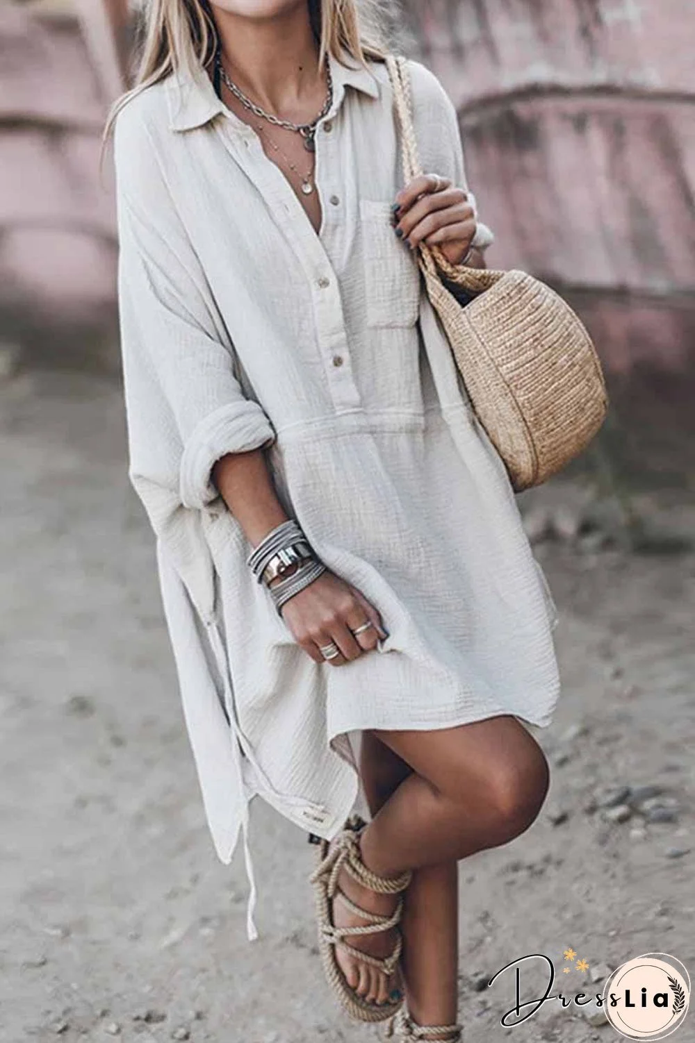 Casual Loose V-Neck Cotton And Linen Long Sleeves Mini Dress