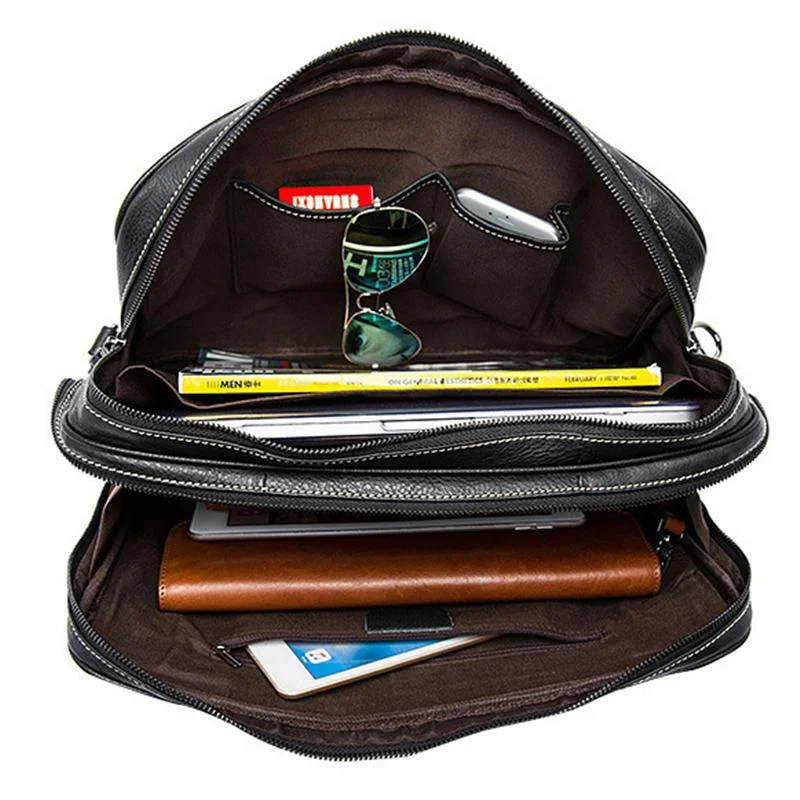 Fine Stitching Dual Top Handle Detachable Sling Strap Zip Top Genuine Leather Briefcase