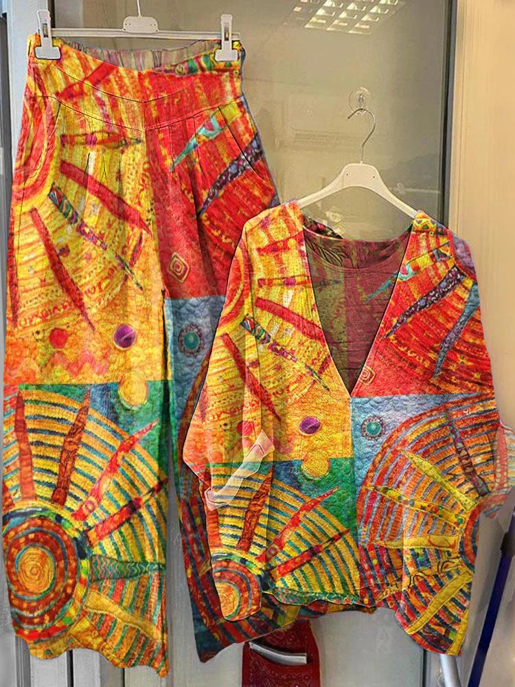 Women's Bohemian Sun Collage Art Pattern Print V-Neck Top Wide-Leg Pants Cotton Linen Suit