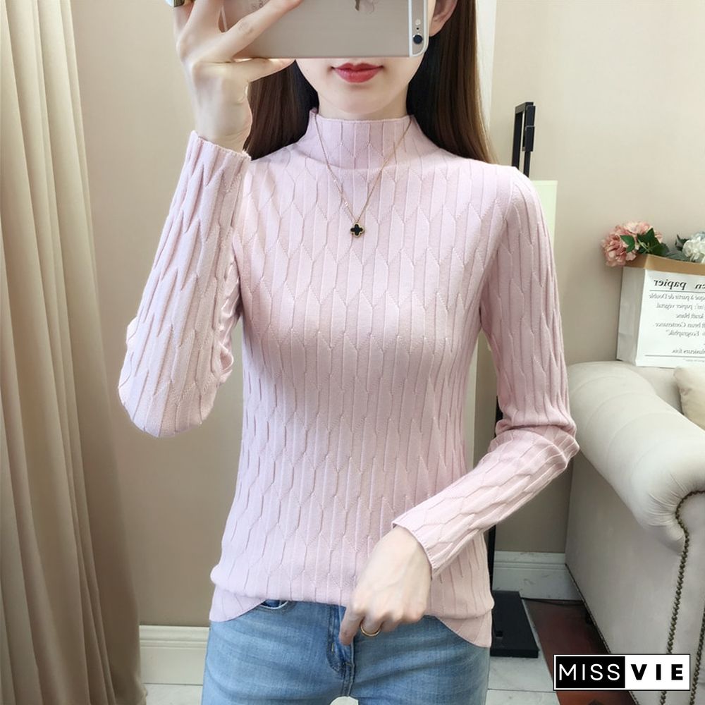 Harajuku Half High Collar Solid Knitted Sweaters Women Fashion Autumn Slim Y2k Pullovers Fashion Female Casual Korean Top