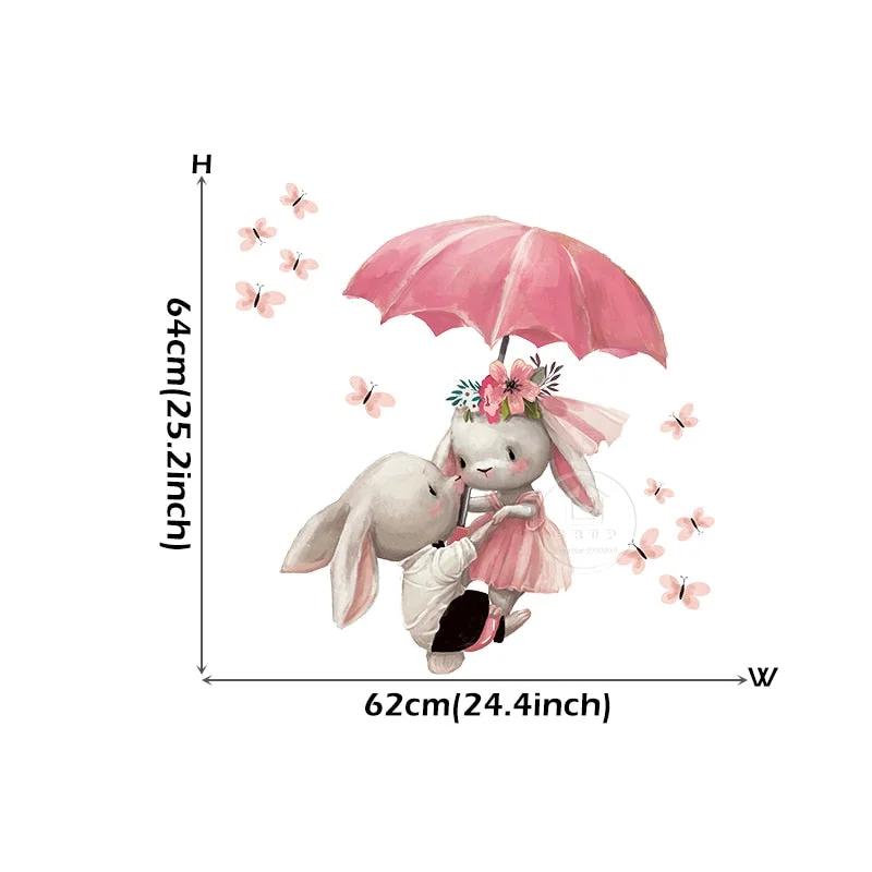 Watercolor Couple Bunny Flying with Umbrella Wall Stickers for Kids Room Baby Nursery Room Decoration Wall Decal Pink Girl Decor