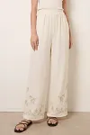 Wholesale Embroidered Pants, Cream Wide Leg Trousers, SS2027 Resort Wear, High-Waist Linen-Look Pants, Boutique Clothing Supplier