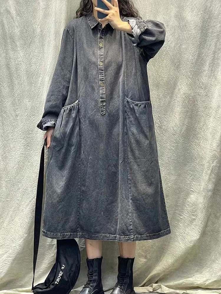 Women Spring Retro Pocket Button Loose Denim Dress