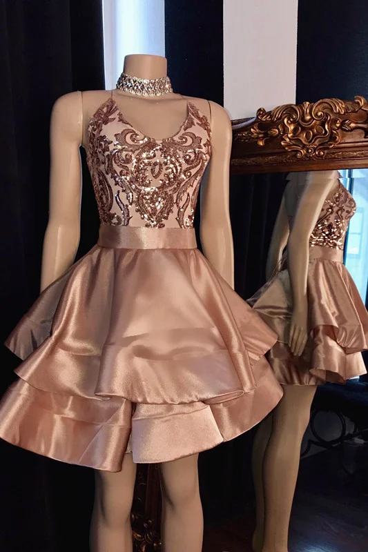 Dusty Rose Appliques Short Prom Dress With Spaghetti Straps | Ballbellas Ballbellas